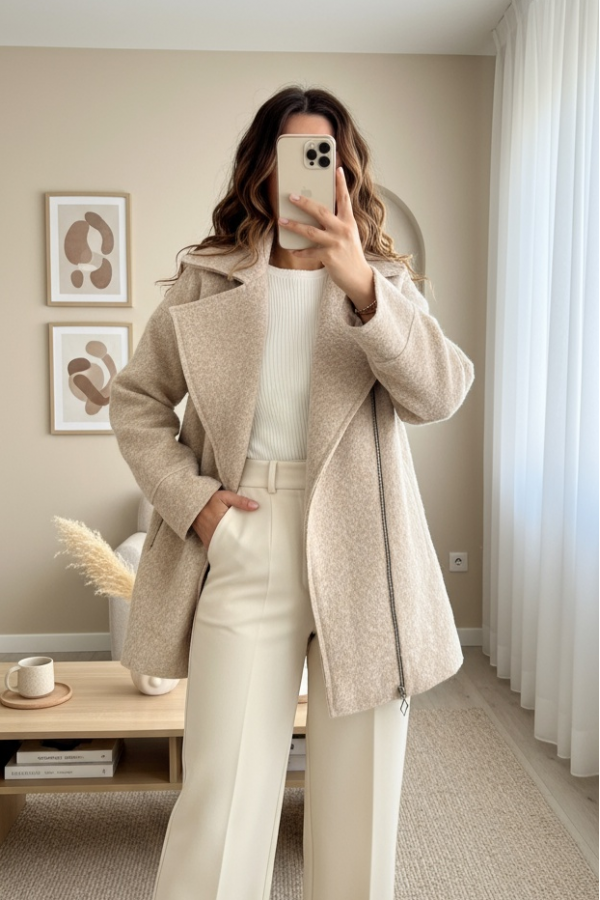 Front and Pocket Zippered Lined Boucle Jacket - Beige