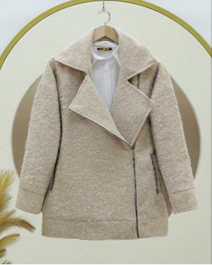 Önü Ve Cebi Fermuarlı Astarlı Buklet Ceket -Bej