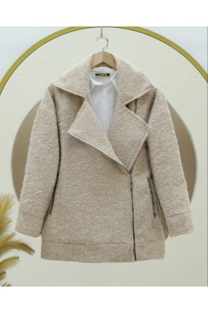 Önü Ve Cebi Fermuarlı Astarlı Buklet Ceket -Bej