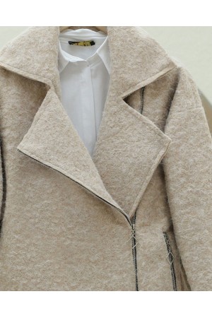 Önü Ve Cebi Fermuarlı Astarlı Buklet Ceket -Bej