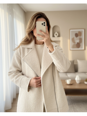 Front and Pocket Zippered Lined Boucle Jacket -Cream color