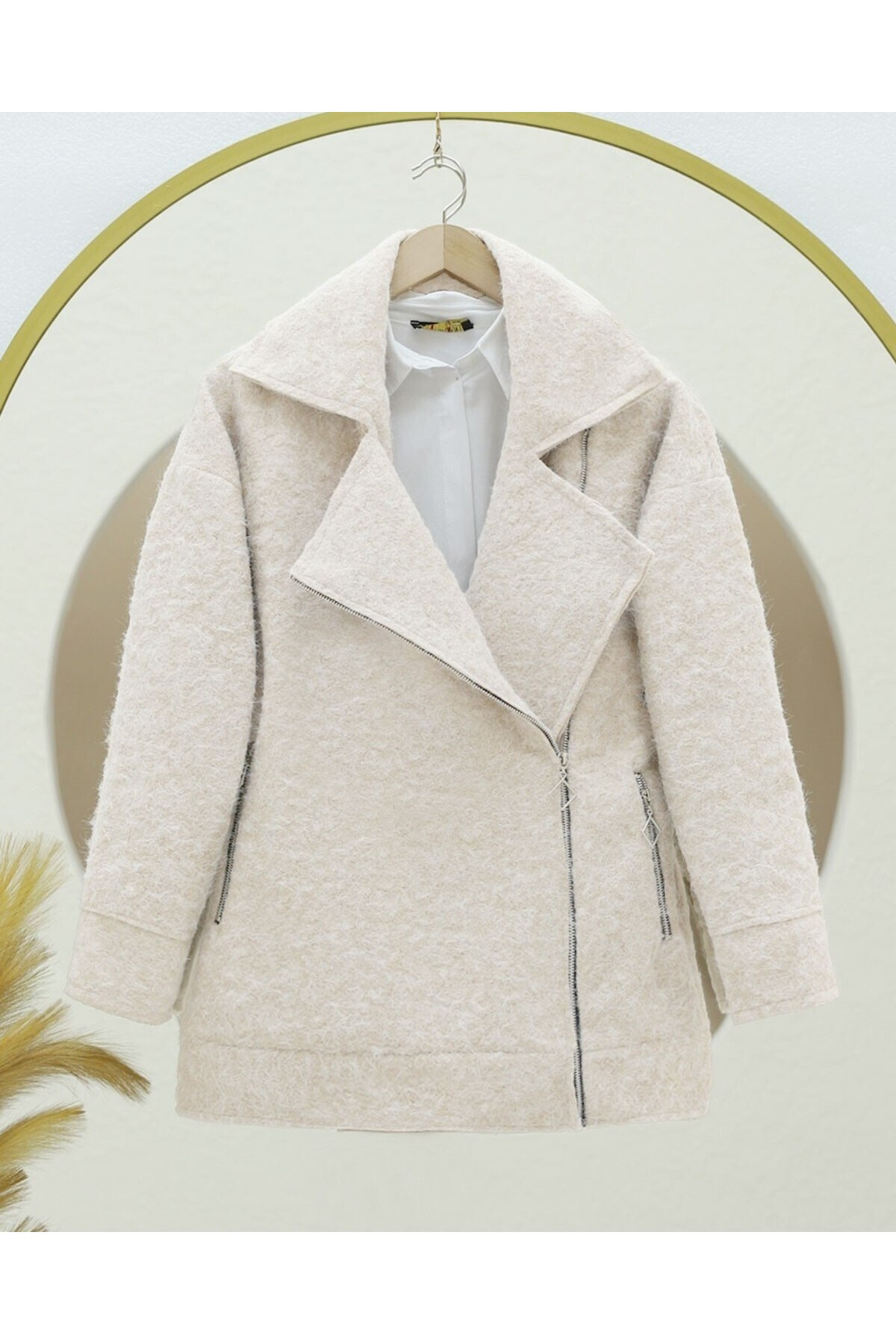 Front and Pocket Zippered Lined Boucle Jacket -Cream color