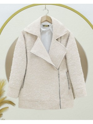 Önü Ve Cebi Fermuarlı Astarlı Buklet Ceket -Krem