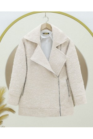 Önü Ve Cebi Fermuarlı Astarlı Buklet Ceket -Krem