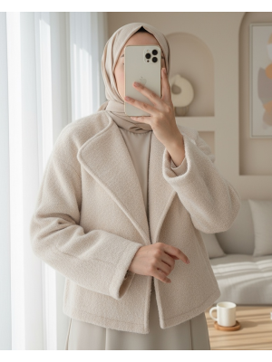 Şal Yaka Astarlı Cepli Buklet Ceket -Ekru