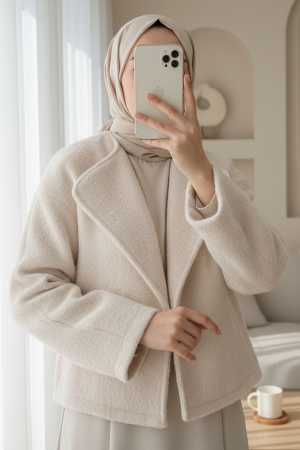 Şal Yaka Astarlı Cepli Buklet Ceket -Ekru