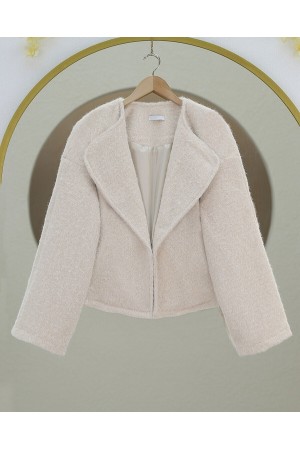 Şal Yaka Astarlı Cepli Buklet Ceket -Ekru