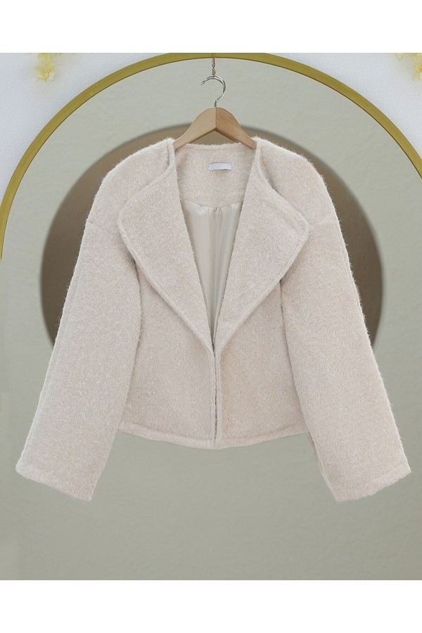 Shawl Collar Lined Pocket Boucle Jacket -Ecru