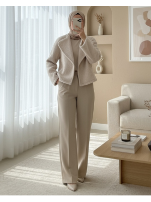 Şal Yaka Astarlı Cepli Buklet Ceket -Krem