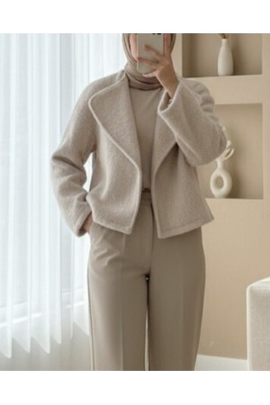 Şal Yaka Astarlı Cepli Buklet Ceket -Krem