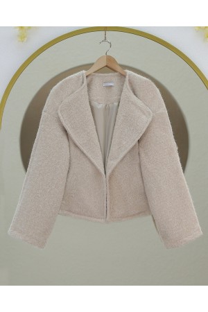 Şal Yaka Astarlı Cepli Buklet Ceket -Krem