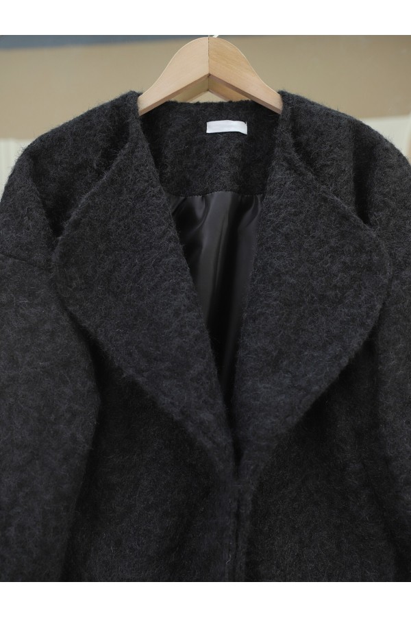 Shawl Collar Lined Pocket Boucle Jacket -Black
