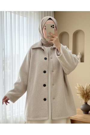 Çift Cepli Önü Düğmeli Astarlı Buklet Kaban -Bej