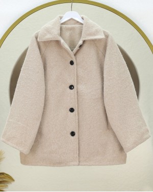Double Pocket Front Buttoned Lined Boucle Coat - Beige