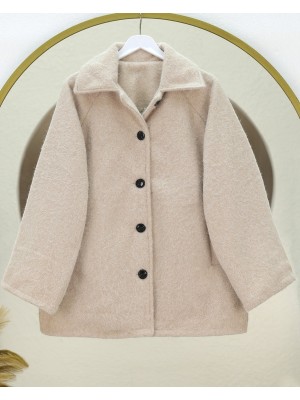 Çift Cepli Önü Düğmeli Astarlı Buklet Kaban -Bej