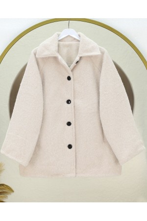 Çift Cepli Önü Düğmeli Astarlı Buklet Kaban -Ekru