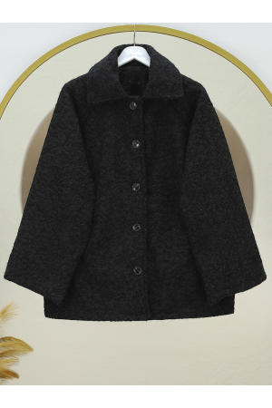 Çift Cepli Önü Düğmeli Astarlı Buklet Kaban -Siyah