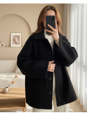 Çift Cepli Önü Düğmeli Astarlı Buklet Kaban -Siyah