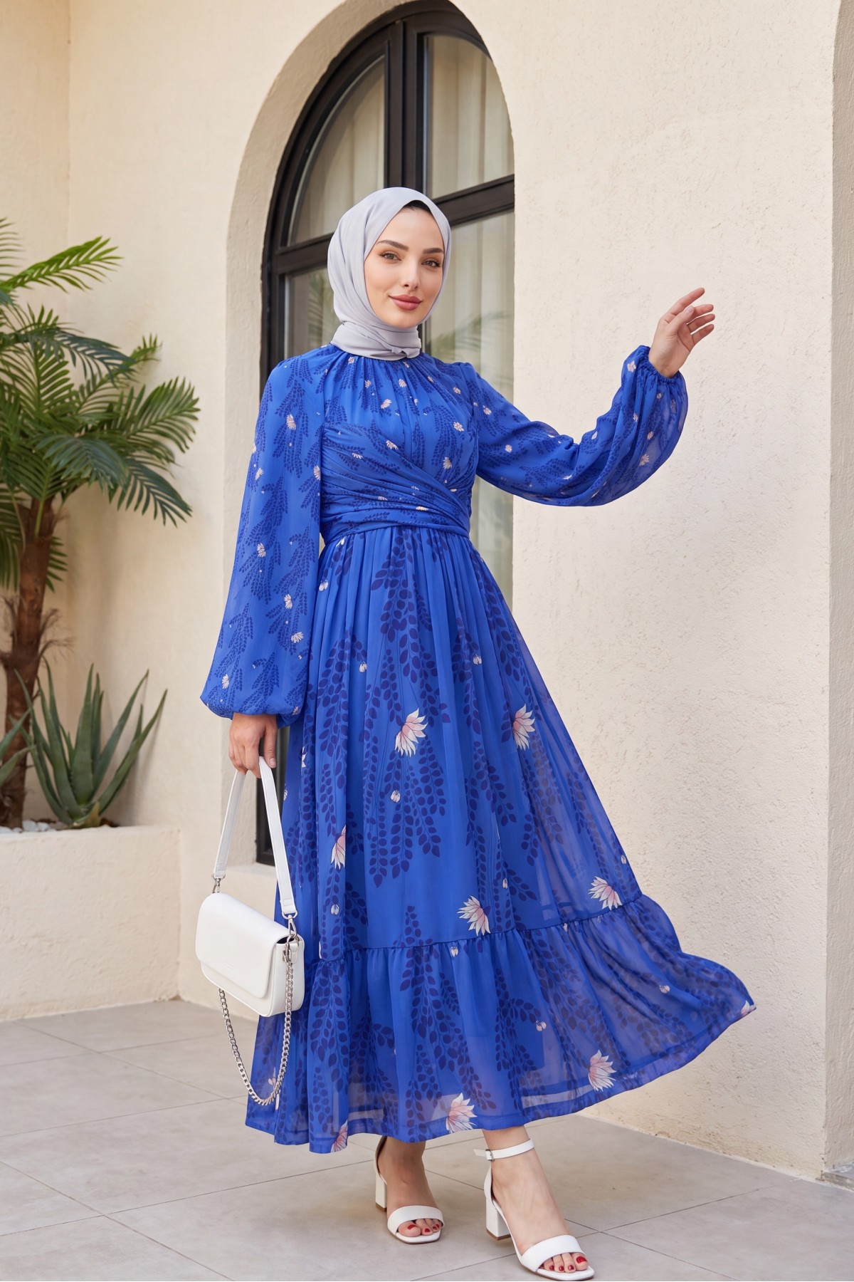Gathered at Waist and Neck, Balloon Sleeve Lined Chiffon Dress  -Saxe  detay görseli