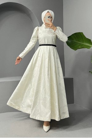 Kemerli Balon Etek Soğuk Baskı Kaftan Abiye Elbise  -Beyaz