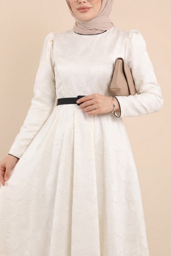 Kaftan evening dress with a cool print and a belted balloon skirt  -White