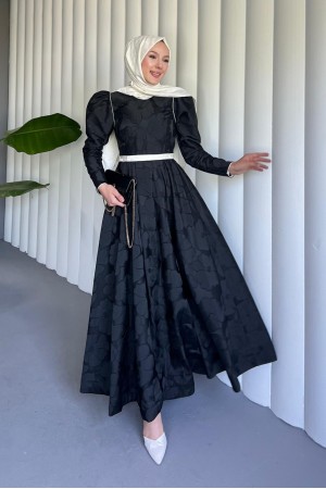 Kemerli Balon Etek Soğuk Baskı Kaftan Abiye Elbise  -Siyah