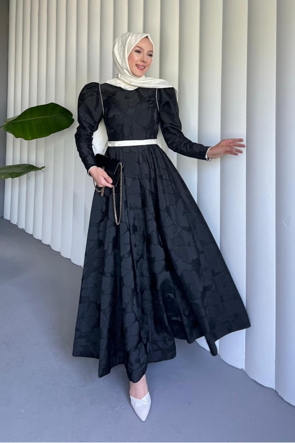Kaftan evening dress with a cool print and a belted balloon skirt  -Black