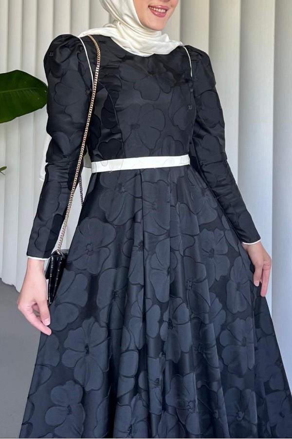 Kaftan evening dress with a cool print and a belted balloon skirt  -Black