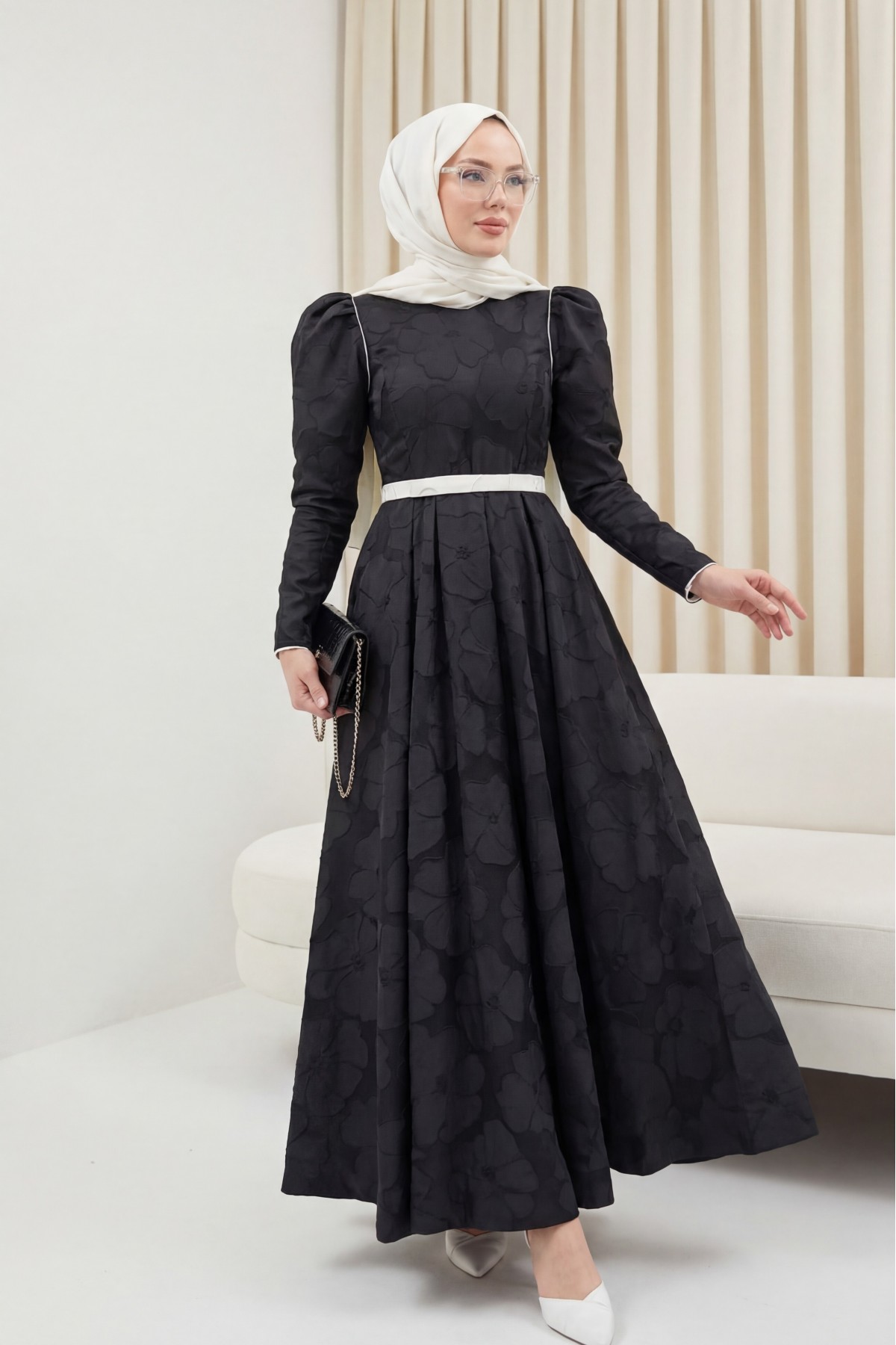 Kaftan evening dress with a cool print and a belted balloon skirt  -Black