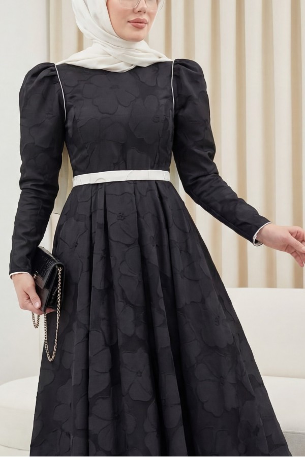 Kaftan evening dress with a cool print and a belted balloon skirt  -Black