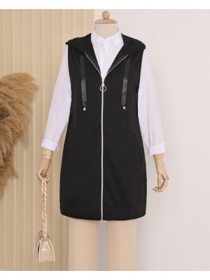 Kapşonlu Penye Yelek -Siyah