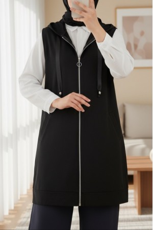 Kapşonlu Penye Yelek -Siyah