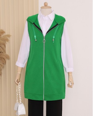 Hooded Combed Cotton Vest    -Green