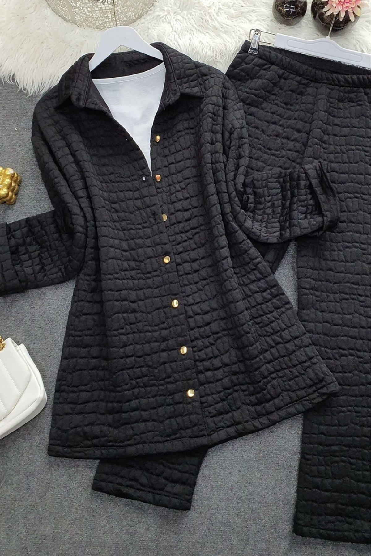 Button Down Collar Quilted Suit -Black