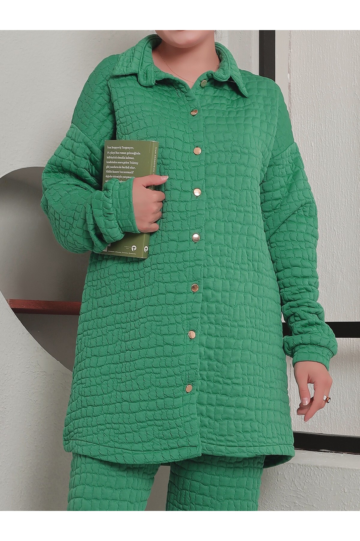 Button Down Collar Quilted Suit -Green