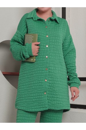 Yakalı Boydan Düğmeli Kapitone Takım -Yeşil