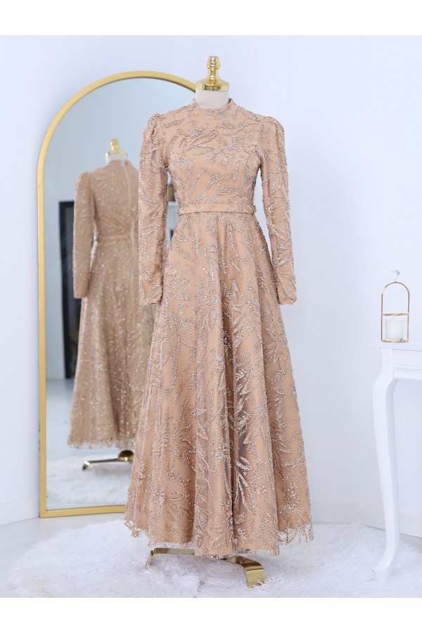 Adhesive Stone Detailed Glittery Lined Tulle Evening Dress -Salmon