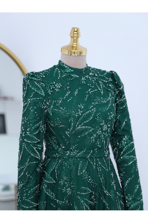 Adhesive Stone Detailed Glittery Lined Tulle Evening Dress -Emerald