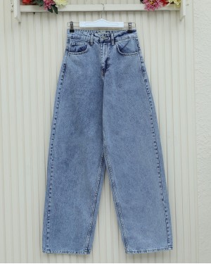 Cepli Bol Paça Fermuarlı Kot Pantolon -Buz Mavi