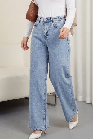 Cepli Bol Paça Fermuarlı Kot Pantolon -Buz Mavi