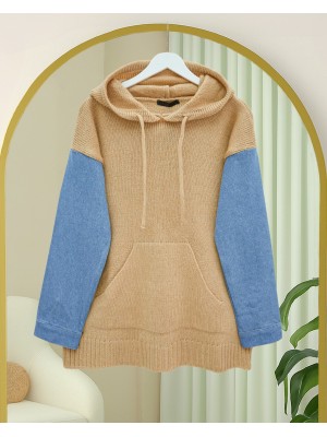 Kapşonlu Kolu Kot Detaylı Kanguru Cepli Triko Sweat -Vizon