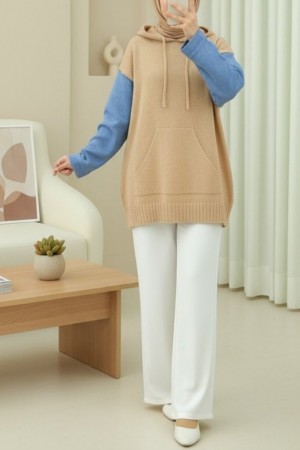 Hooded Denim Sleeve Detailed Kangaroo Pocket Knitwear Sweater -Mink color