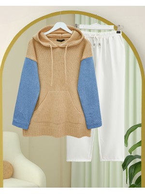 Kapşonlu Kolu Kot Detaylı Kanguru Cepli Triko Sweat -Vizon