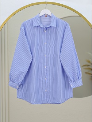 Serpme Taş Detaylı Çizgili Gömlek -Mavi