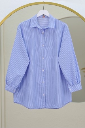 قميص مخطط مع تفاصيل حجرية مرشوشة -أزرق