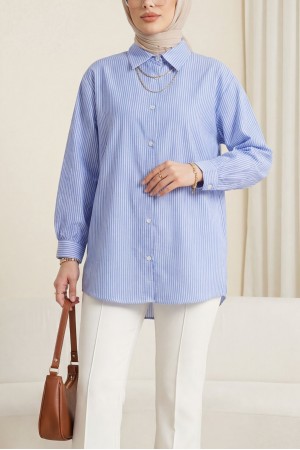 Serpme Taş Detaylı Çizgili Gömlek -Mavi
