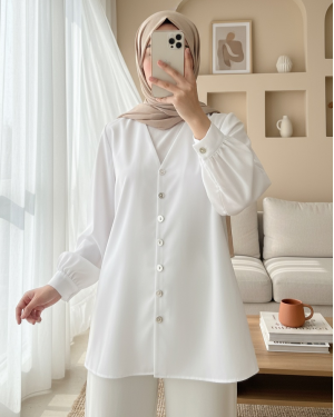 V Yaka Boydan Düğmeli Poplin Gömlek  -Beyaz