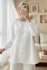 V Yaka Boydan Düğmeli Poplin Gömlek  -Beyaz