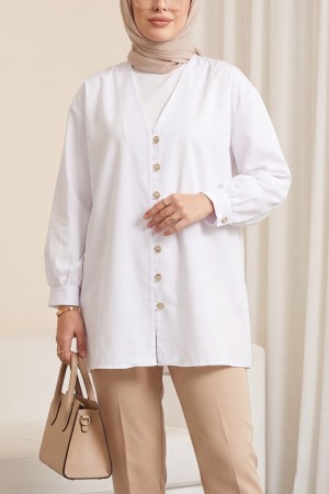 V Neck Button Down Poplin Shirt  -White