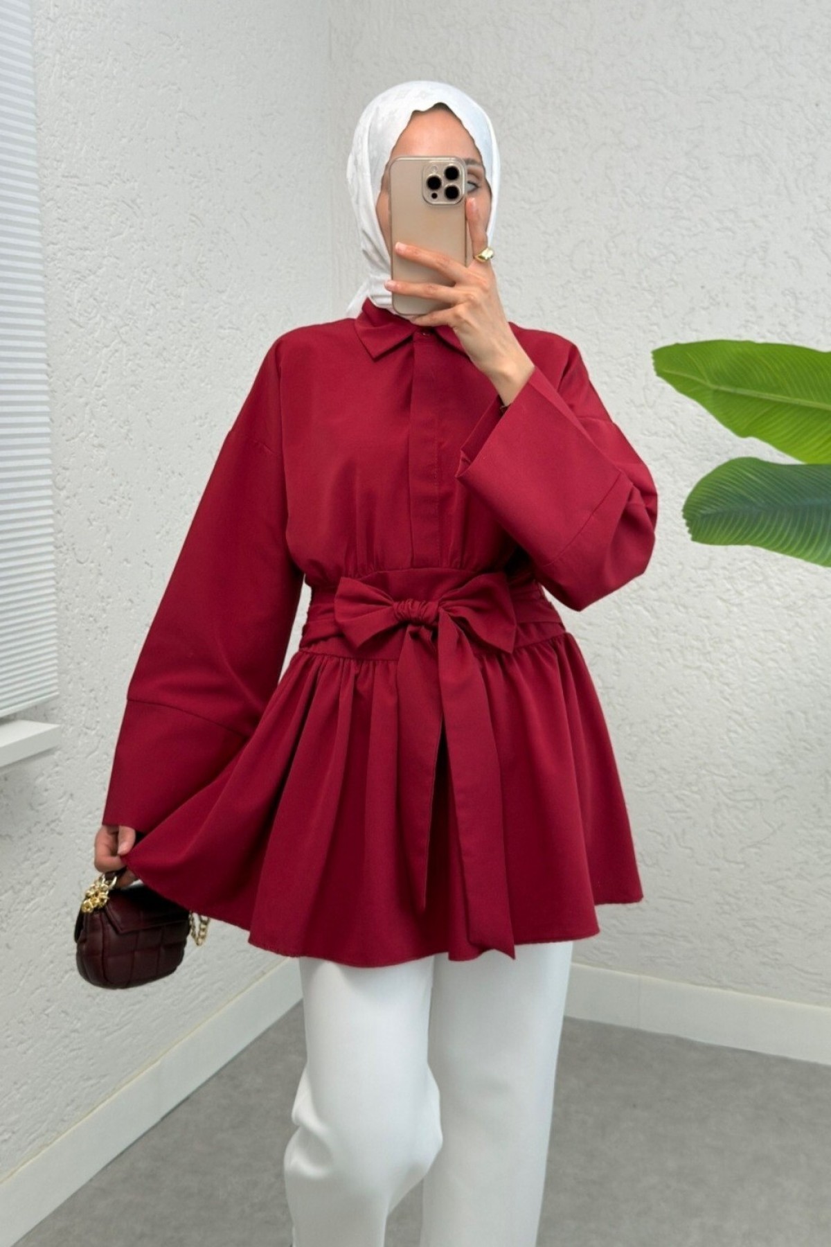 Half Buttoned Waist Tie Side Zipper Tunic -Maroon